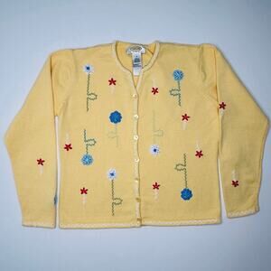 Vintage Y2K Talbots Cotton Cardigan Sweater with Embroidered Flowers